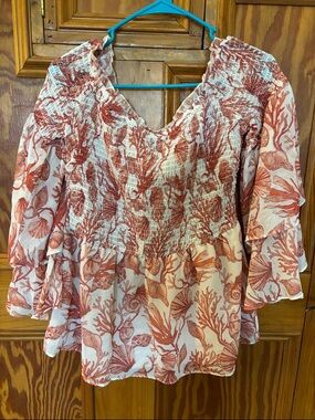 VENUS Coral Print Smocked Peplum Blouse - Cream & Coral
